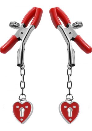 Master Series Charmed Heart Padlock Nipple Clamps Red