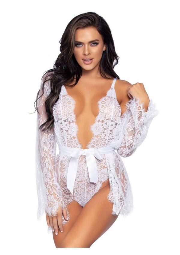 Leg Avenue Floral Lace Teddy with Adjustable Straps and Cheeky Thong Back Matching Lace Robe with Scalloped Trim and Satin Tie - Large - White