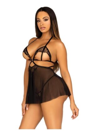 Leg Avenue Open Cup Eyelash Lace and Mesh Babydoll with Heart Ring Accent and Matching Panty - Medium - Black